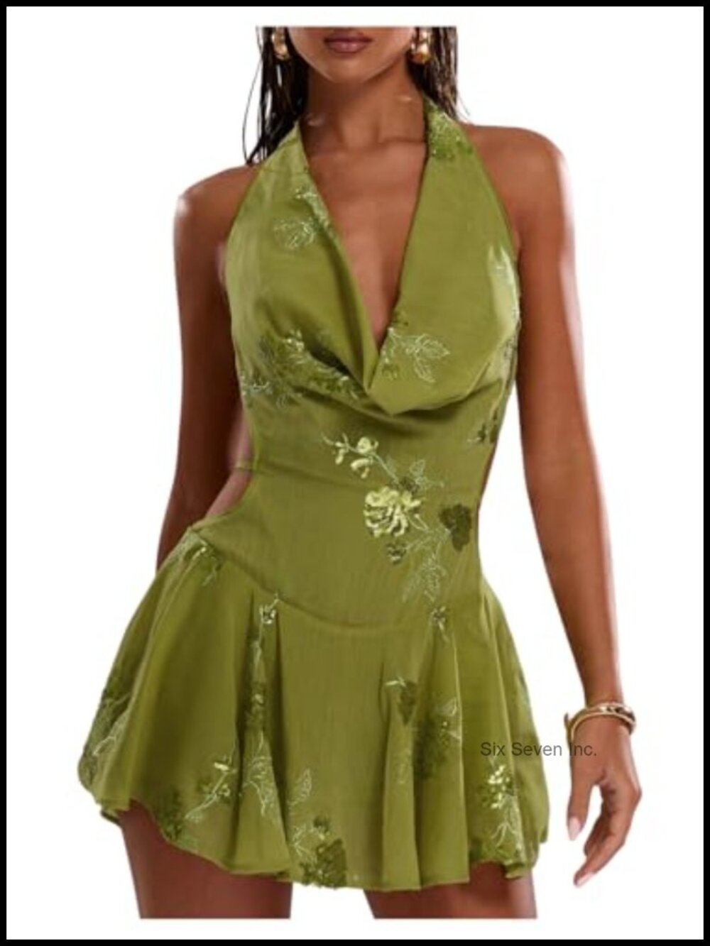 Sequin Halter Draped Mini Dress Floral A-Line Backless Tie Sleeveless